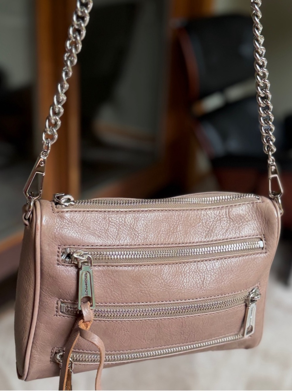 Rebecca Minkoff Shiny Mauve Pink Chain Crossbody Bag Studded Bottom Zipper - Picture 16 of 16